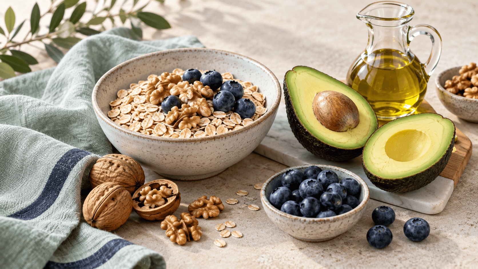 Oats, walnuts, avocado, olive oil and blueberries arranged on a tabletop