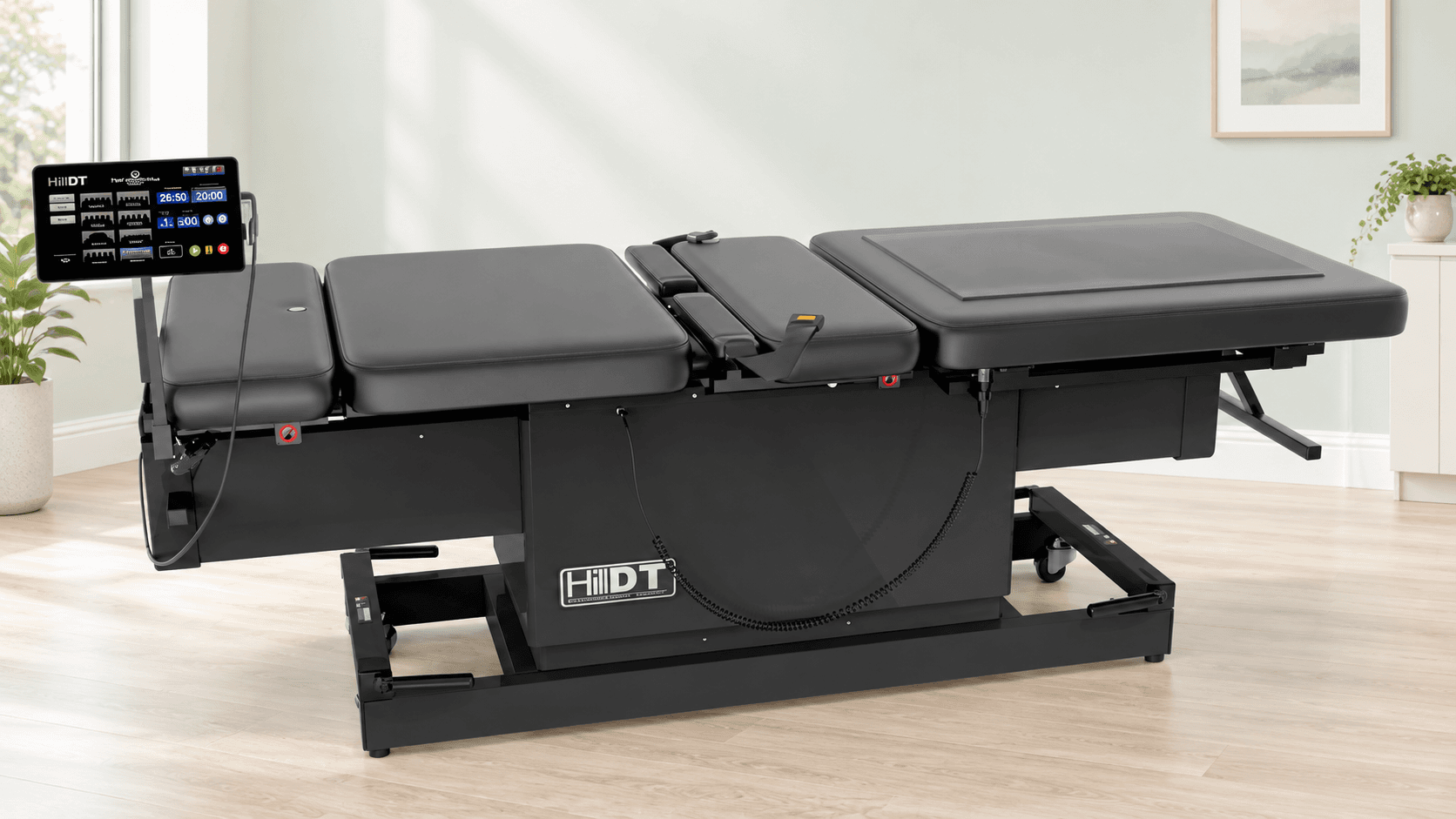 Hill DT decompression table with padded support and touchscreen controls, shown in an illustrative clinical setting