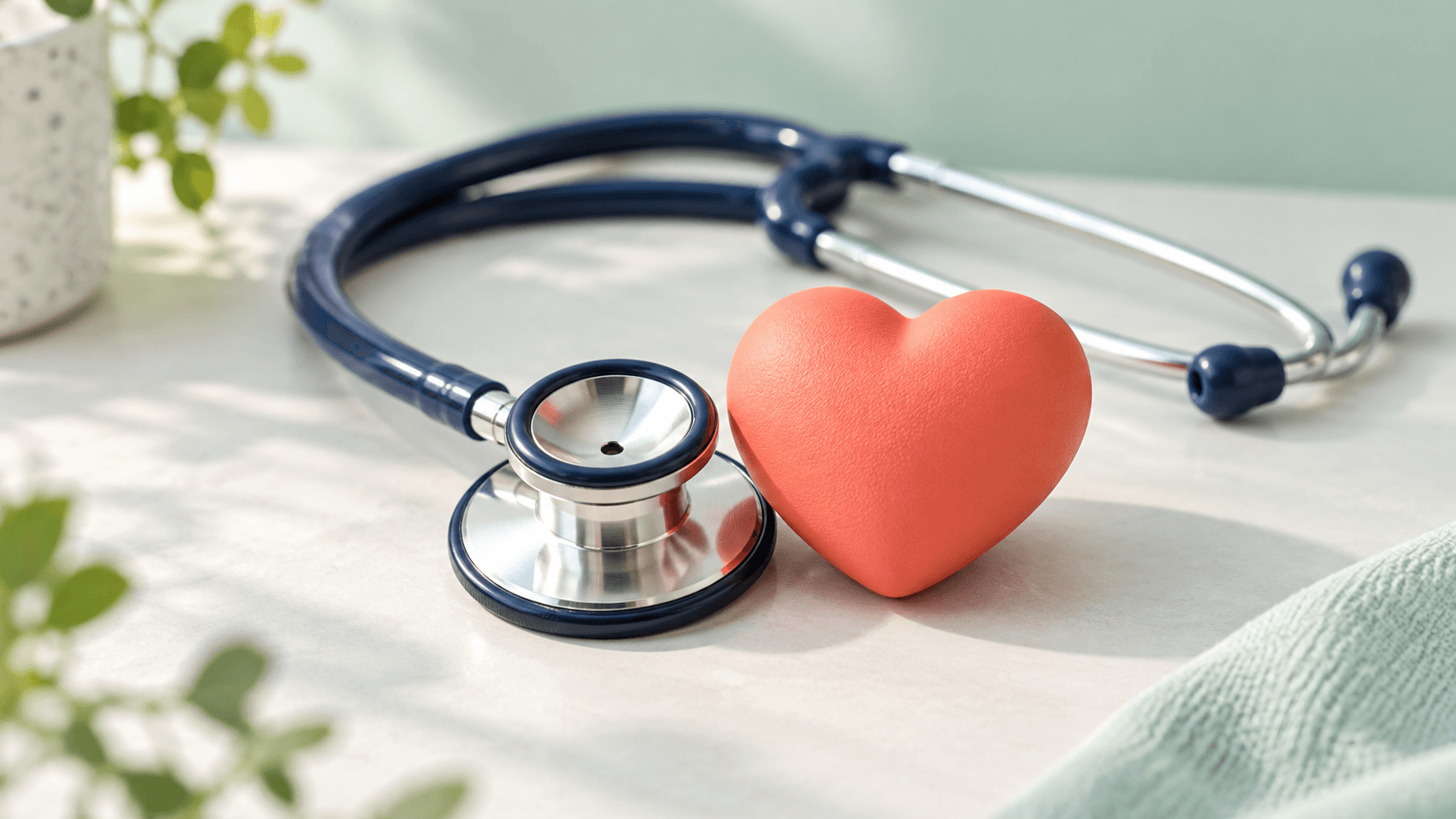 A navy stethoscope beside a coral heart-shaped object