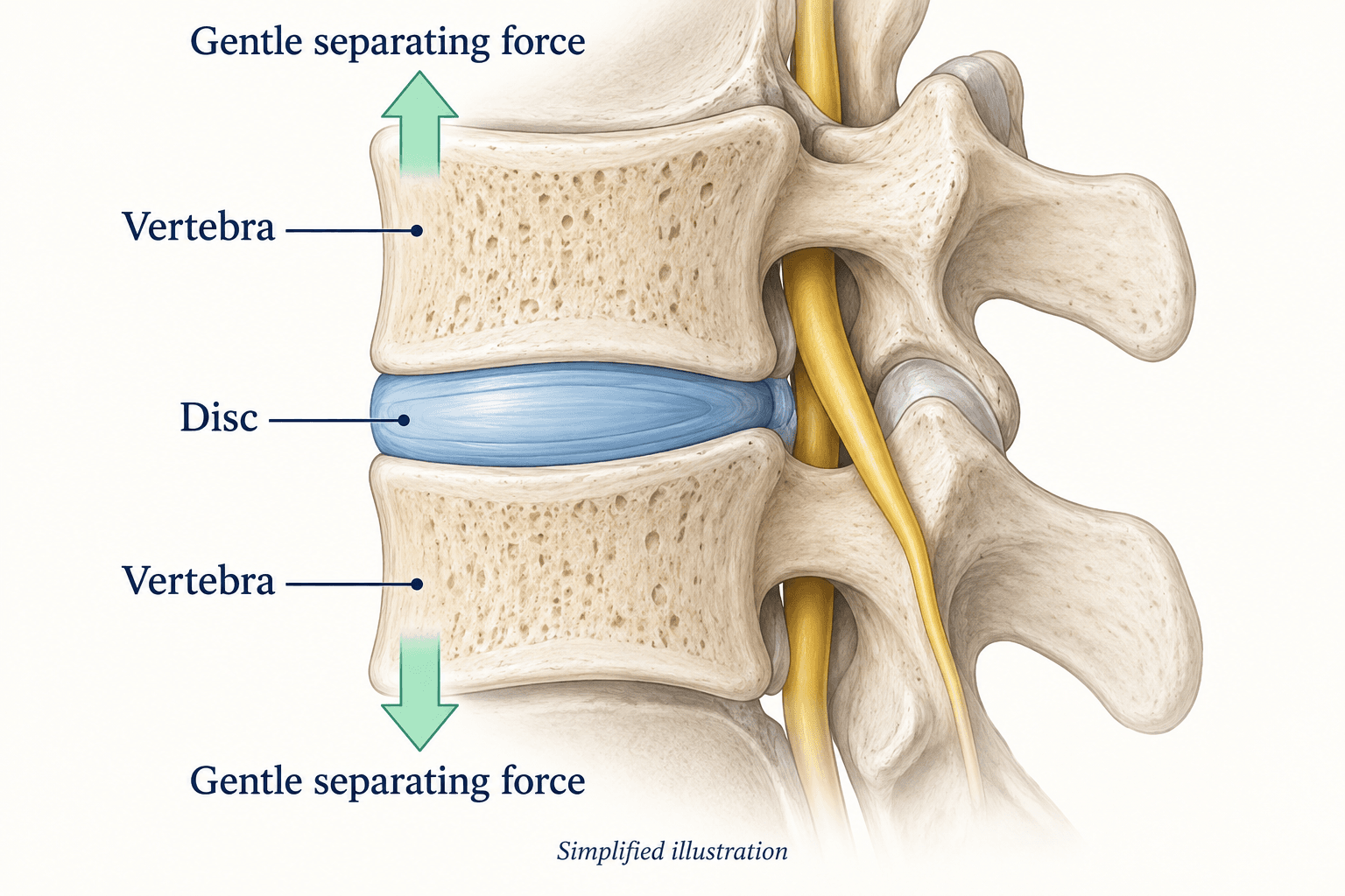 Simplified illustration of gentle separating forces on two vertebrae with a disc between them