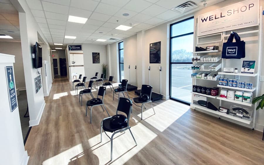 Reception, waiting area and product shelves at the temporarily closed Collierville office
